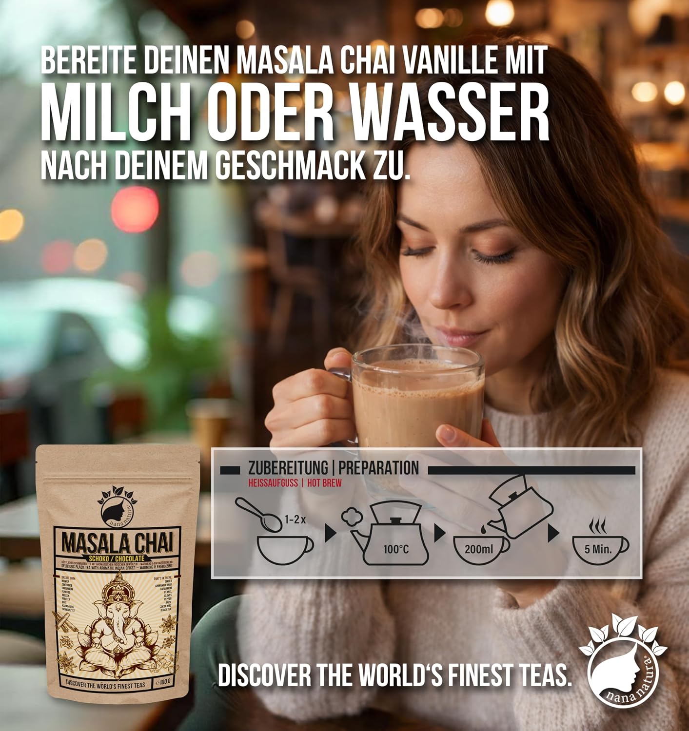 Thumbnail 3 de NanaNatura's Masala Chai Schoko Tee 100 g – würzig-schokoladig für Chai Latte mit Kakao-Nibs