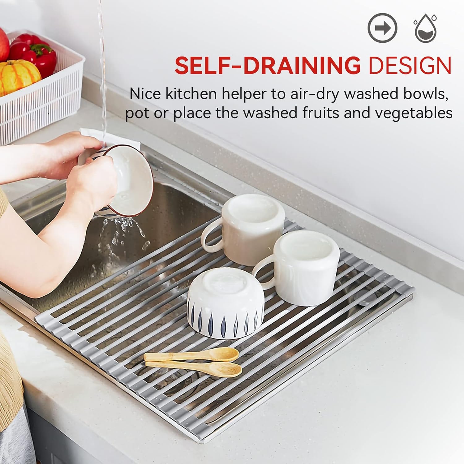 Detalle de MERRYBOX Roll Up Dish Drying Rack (Over-the-Sink, Heat-Resistant Silicone) 20.5" x 13.1