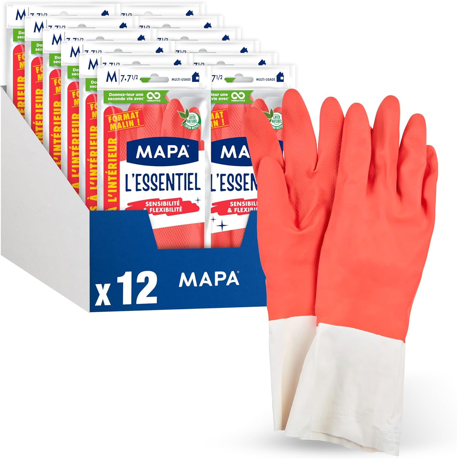 Mapa Spontex L’Essentiel — Gants de ménage en latex avec intérieur coton, 24 gants (12 paires), taille M