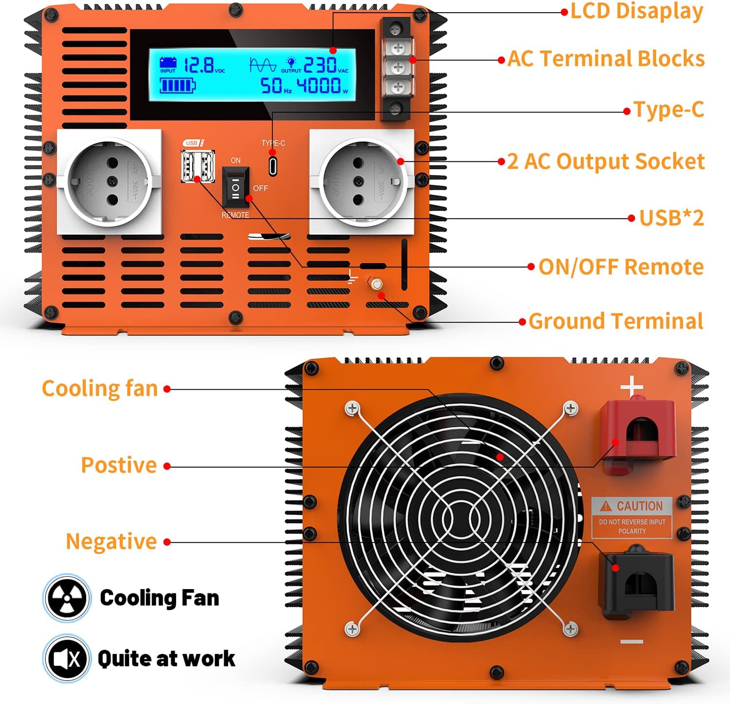 Detalle de JARXIOKE Inverter 12V a 220V onda pura 4000W con telecomando, doppie prese AC e USB-C