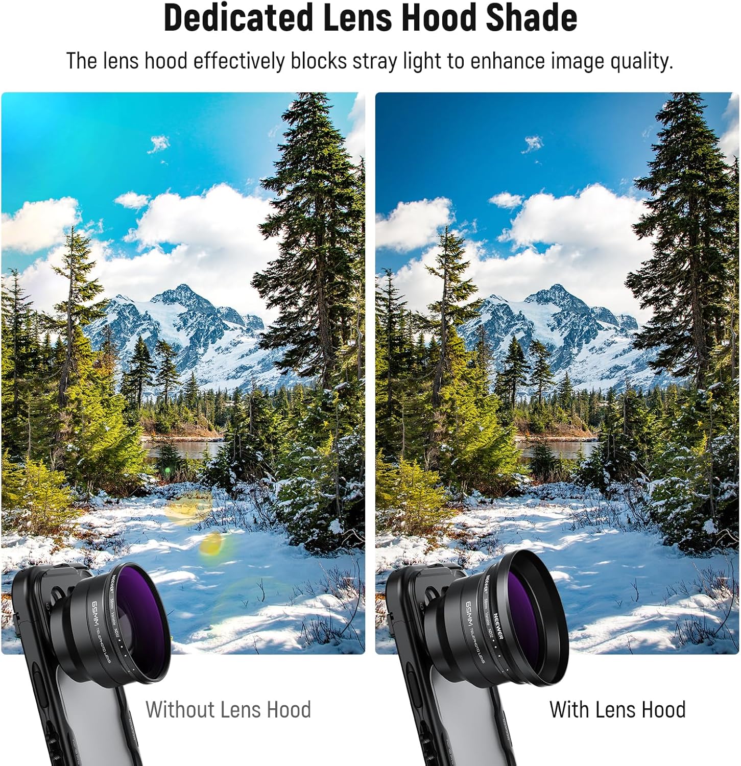 Detalle de NEEWER 58mm Variabler ND Filter mit 62mm Gegenlichtblende – ND2-32, 1–5 Stops, für 58mm Kameralinsen und 65mm Teleobjektiv für Smartphones