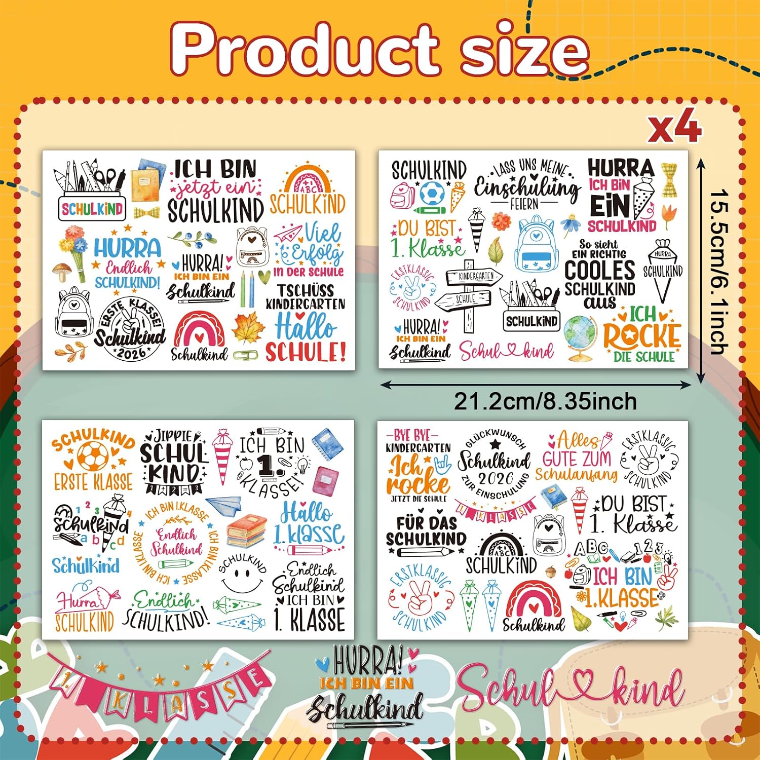Thumbnail 1 de Rub On Sticker Einschulung – Transferfolie für DIY Party Deko & Glas, 4 Bögen, 15,5 × 21,2 cm