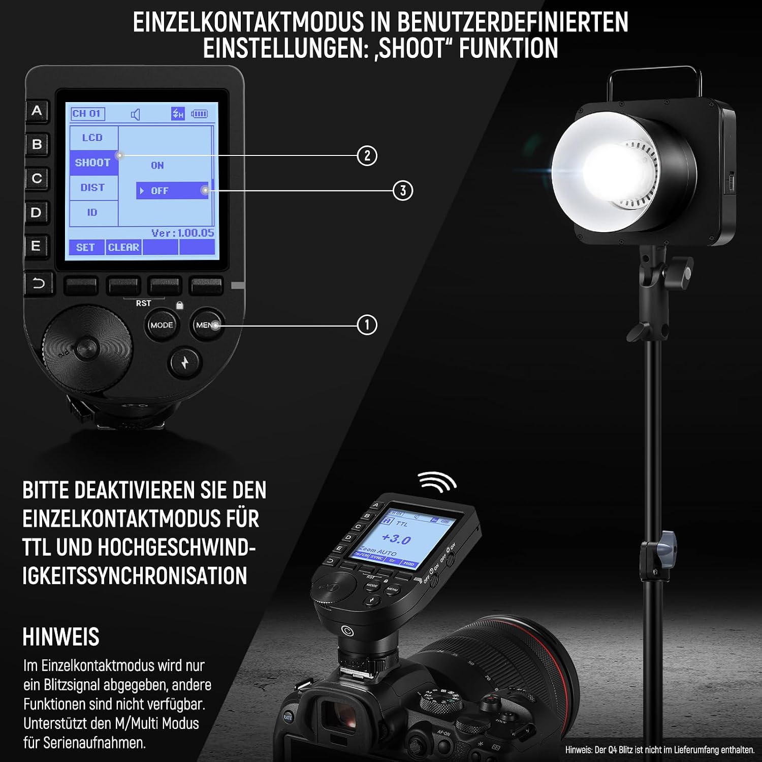 Detalle 2 de NEEWER QPRO-C TTL drahtloser Blitzauslöser für Canon – 1/8000s HSS, neigbares Design mit LCD