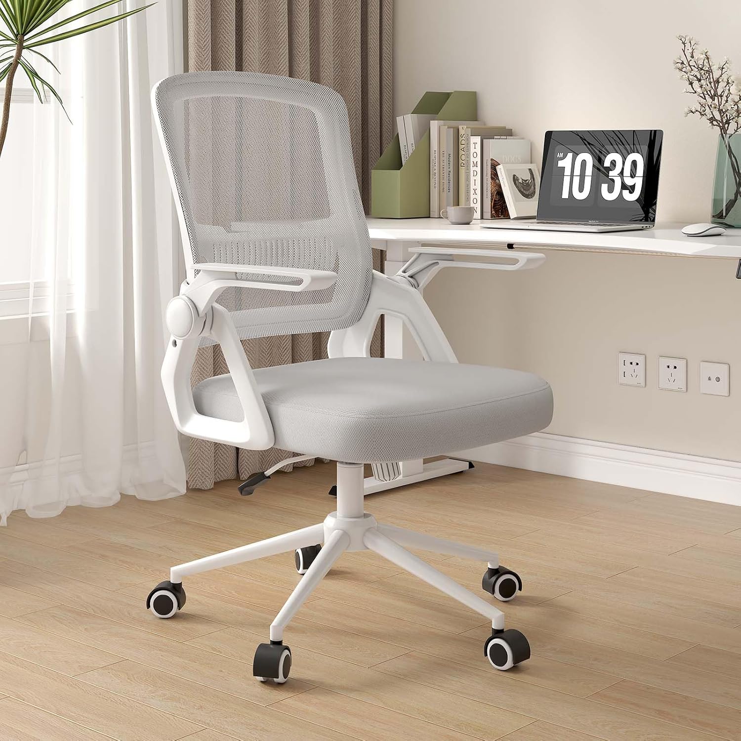 Detalle de nasPaluro Ergonomischer Bürostuhl mit Mesh-Rückenlehne – höhenverstellbar, 90° klappbare Armlehnen, grau