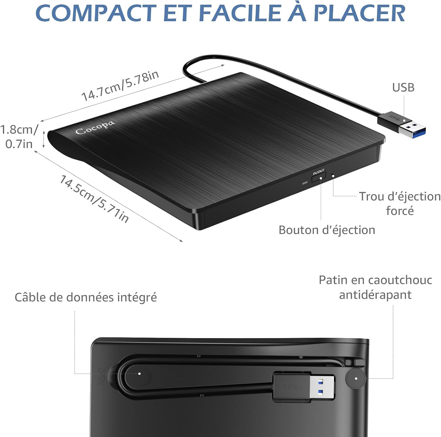 Detalle 2 de Cocopa Lecteur CD/DVD Externe USB 3.0 pour PC et Mac – Graveur/Enregistreur Portable mince