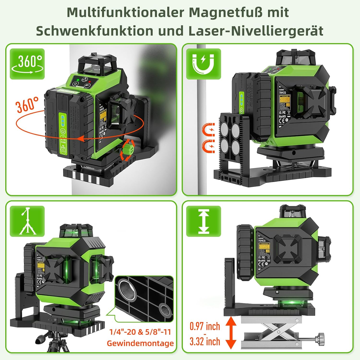 Detalle 1 de Huepar 704CG 4x360 Kreuzlinienlaser (grün) – selbstnivellierend mit 16 Linien und Akku (USB-C)