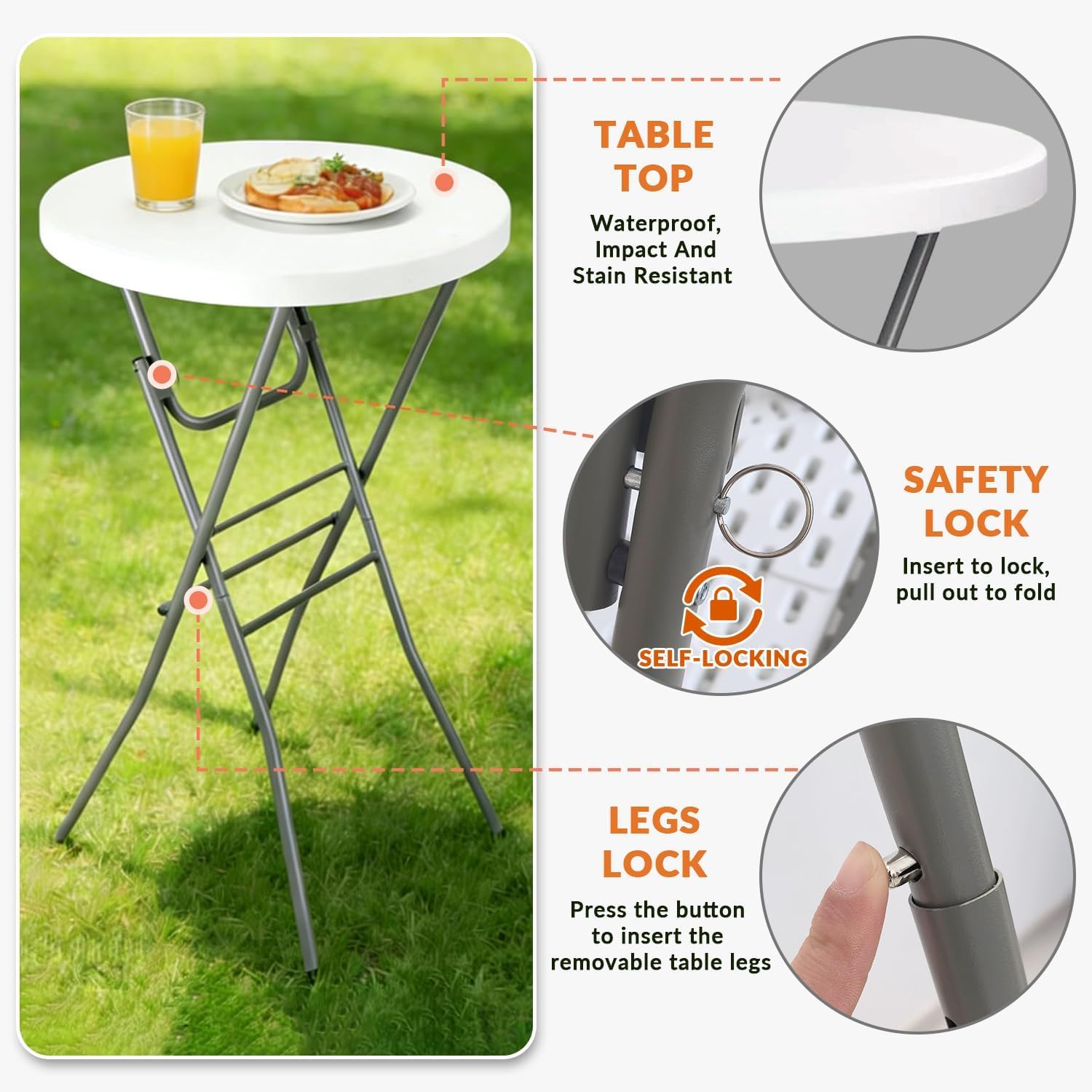 Detalle 2 de Lakhow LA70-2 2-Pack Folding Cocktail Tables, 28-Inch White Bar-Height