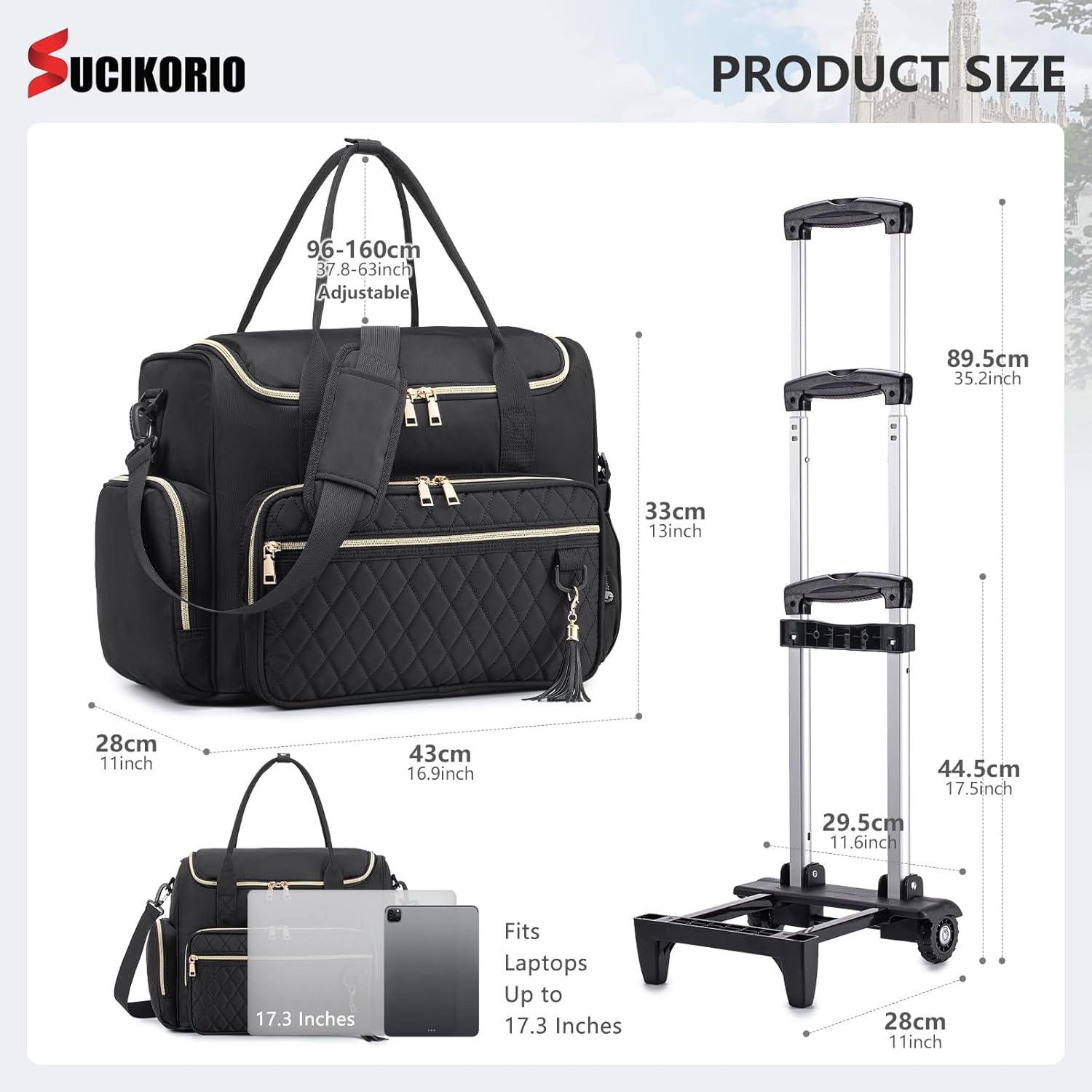 Detalle de SUCIKORIO Laptoptasche 17 Zoll mit Rollen – Lehrertasche, Business Koffer aus Oxford, wasserdicht