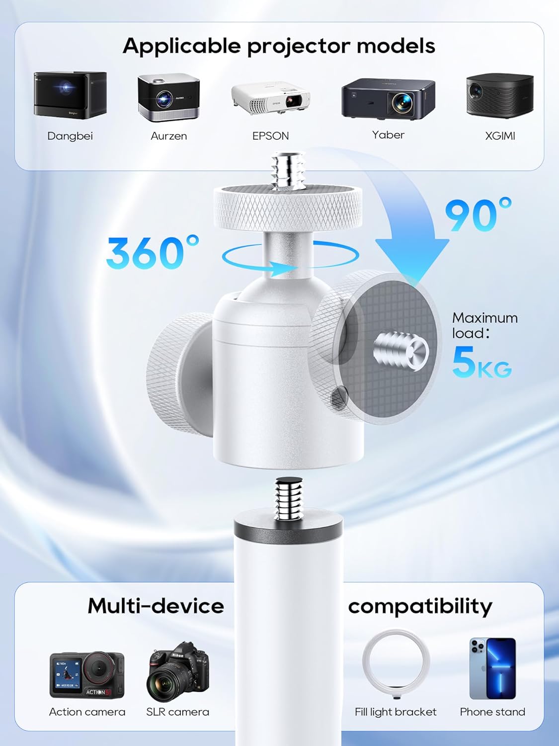 Thumbnail 3 de Haweah support de projecteur au sol réglable 40 à 120 cm avec tête pivotante 360° (vis 1/4", blanc)