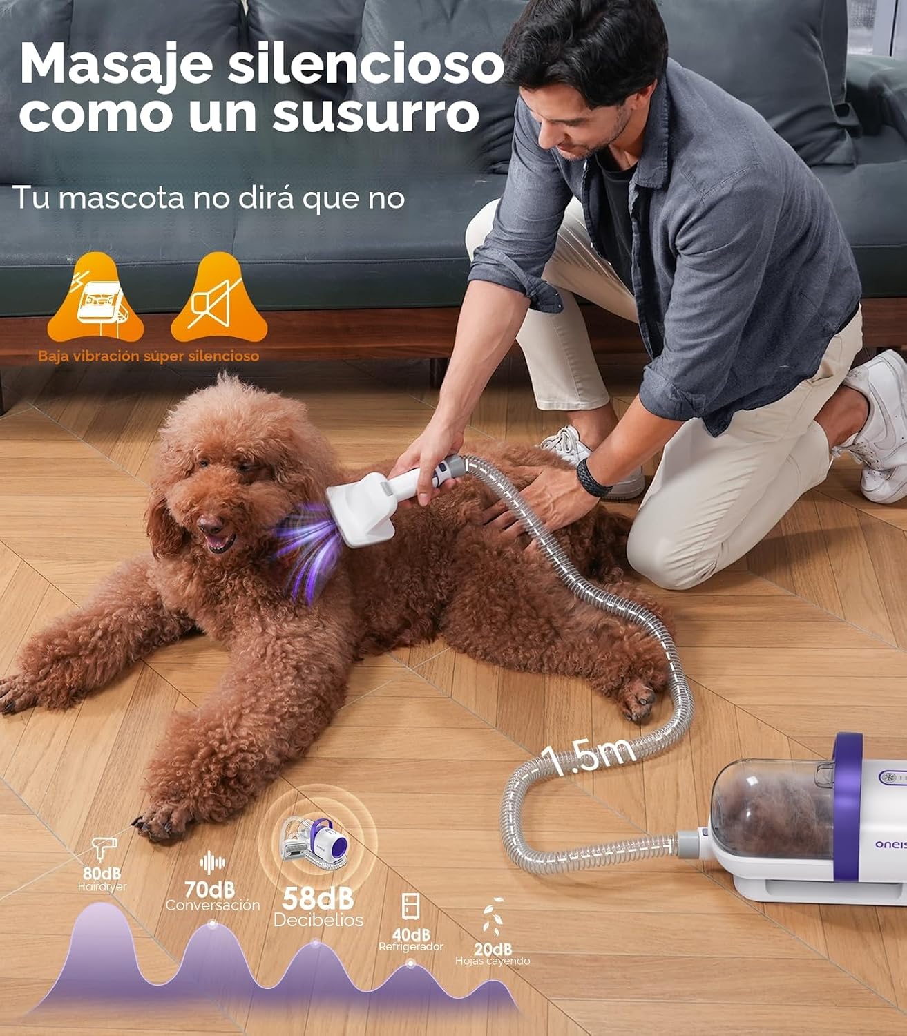 Detalle de Oneisall Aspirador de pelos de mascotas con 12000Pa de succión y 4 cepillos — 1,5L