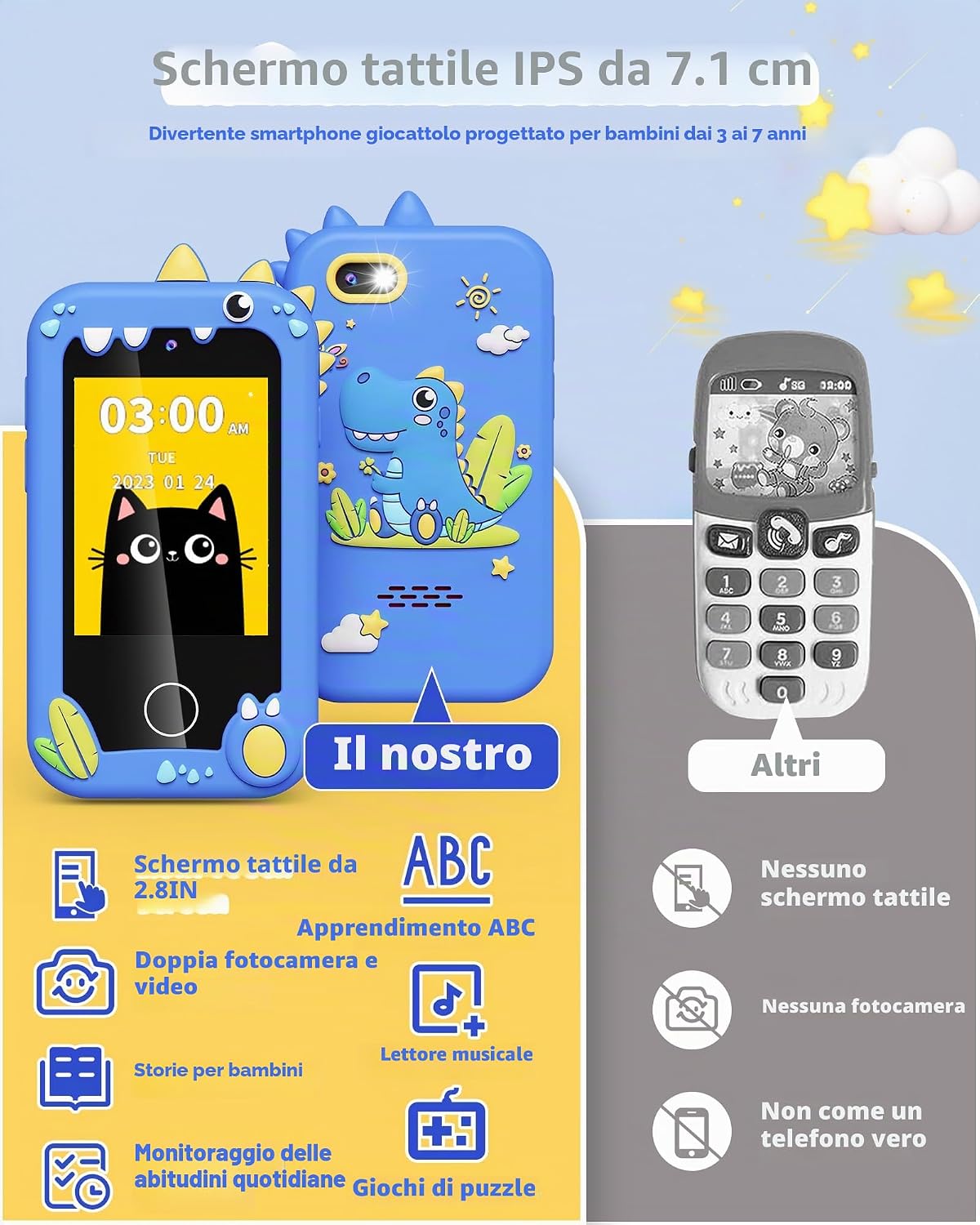 Detalle de Telefono Giocattolo per Bambini con Fotocamere, Musica e Giochi di Puzzle – Dino Theme 3–8 anni