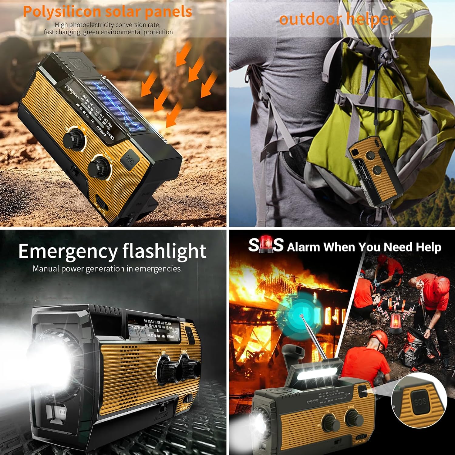Thumbnail 4 de SOLARBABY Wind Up Solar Radio — AM/FM Weather Emergency Crank Radio with LED Torch and 4000 mAh Battery (Orange)