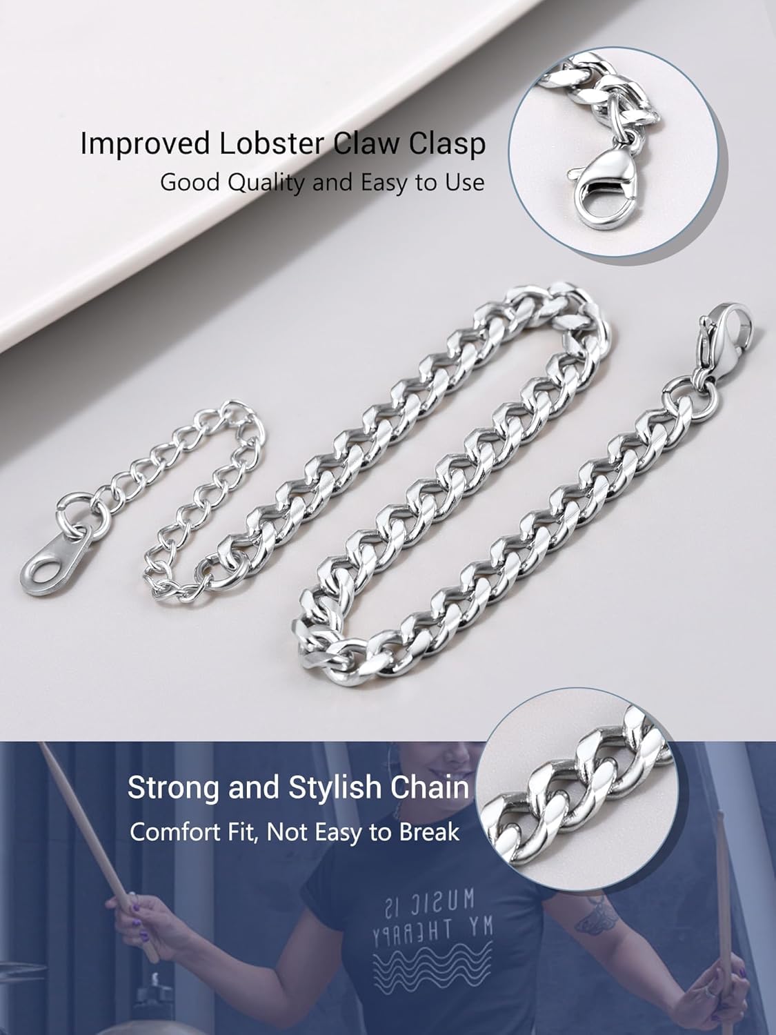 Thumbnail 3 de PROSTEEL Gourmette chaîne à maillons cubaine en acier inoxydable 316L (plaqué or) — bracelet homme/femme