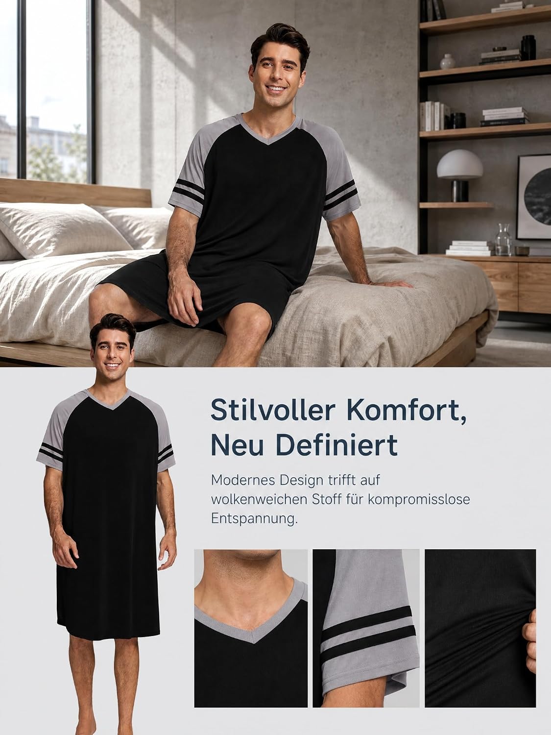 Detalle de Enjyam Men's Short Sleeve Nightgown: Lightweight Summer Pyjama Top for Home Comfort