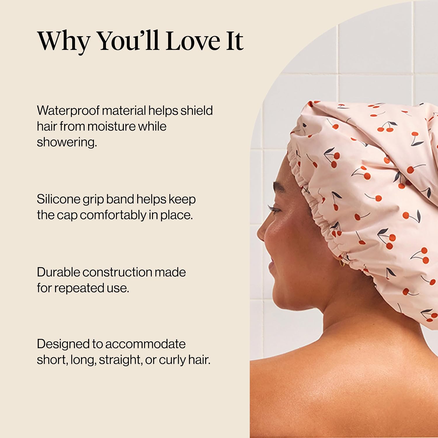 Detalle de Kitsch Luxury Shower Cap for Women – Reusable Waterproof, Large, Cherry Print