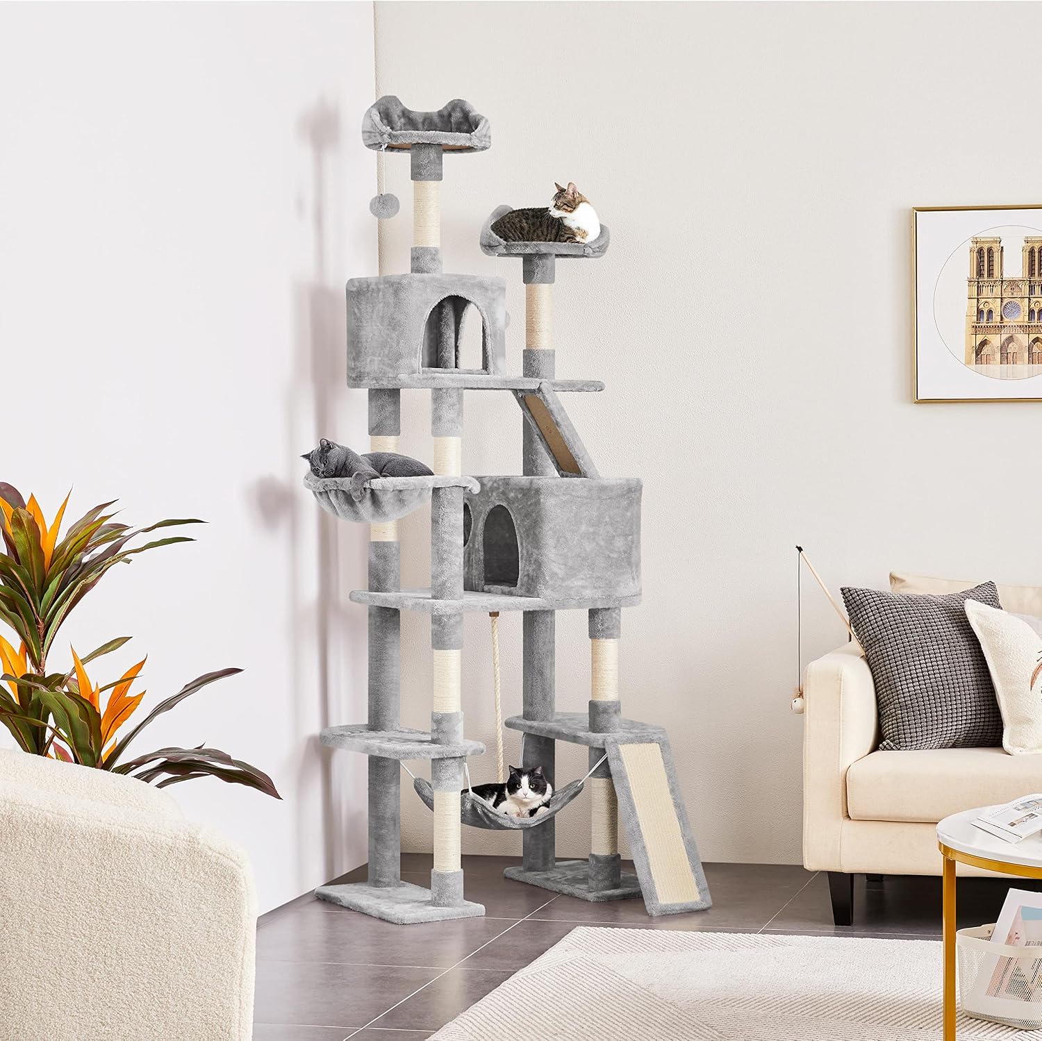Detalle de Yaheetech Albero Tiragraffi per Gatti 209 cm in Truciolato e Corda in Sisal con Condomini, Amaca e Pisolini Multilivello – Grigio Chiaro