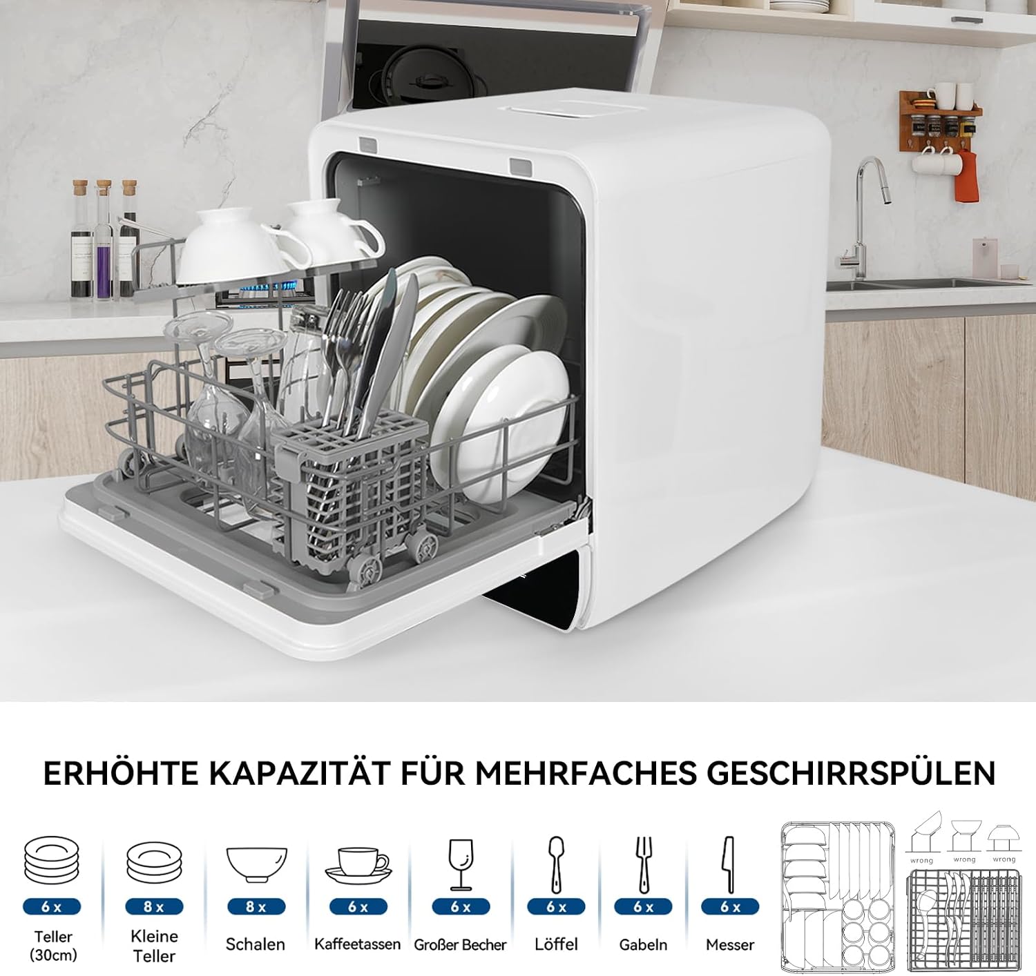 Detalle de ekligt Mini Geschirrspüler für 3 Gedecke – Tischgeschirrspüler mit 7 Programmen, Heißlufttrocknung und 4,8-Liter-Wassertank