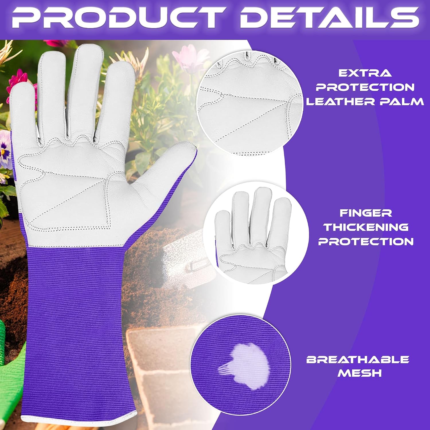 Detalle de WFX Long Leather Gardening Gloves – Thorn-Proof Forearm Protection, Purple (Large)