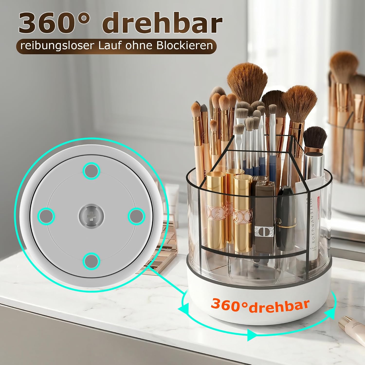 Detalle 2 de CTIME 360° drehbarer Makeup Organizer – 5 Fächer in verschiedenen Tiefen für Pinsel, Lippenstifte, Nagellack & Stifte