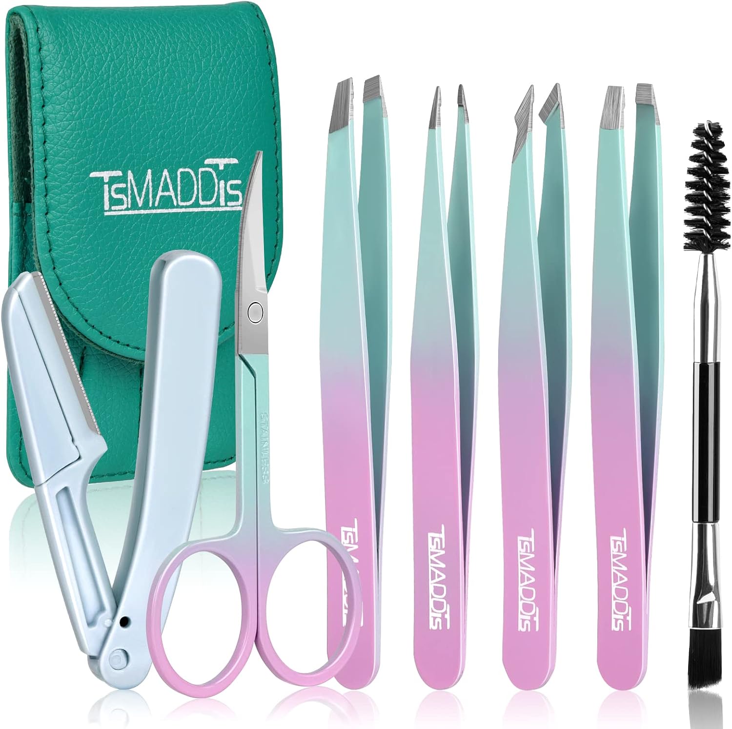 TsMADDTs 7-Piece Eyebrow Tweezers Set with Curved Scissor and Razor