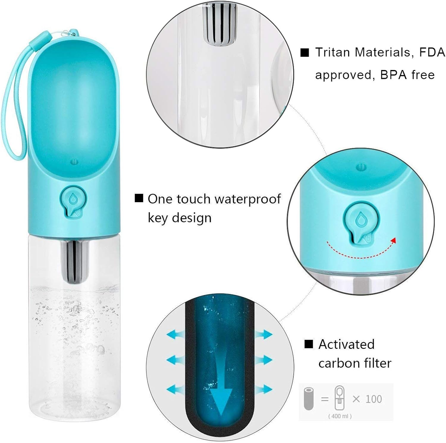 Detalle 2 de PETKIT Eversweet borraccia per cani portatile One-Touch da viaggio da 400 ml (blu)