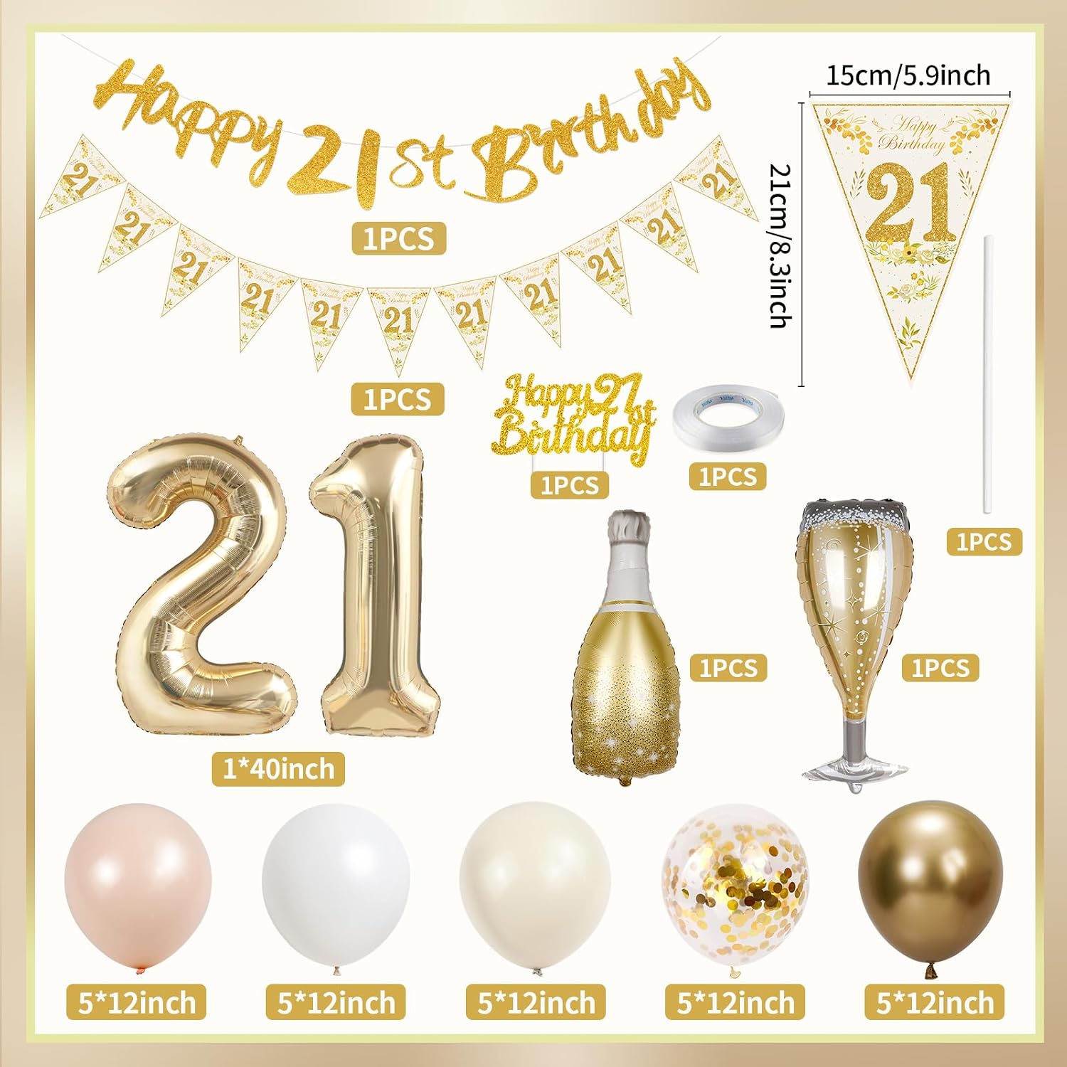Detalle de 21st Birthday Decorations for Her: Gold, Pink & White Party Kit with 40in '21' Balloon