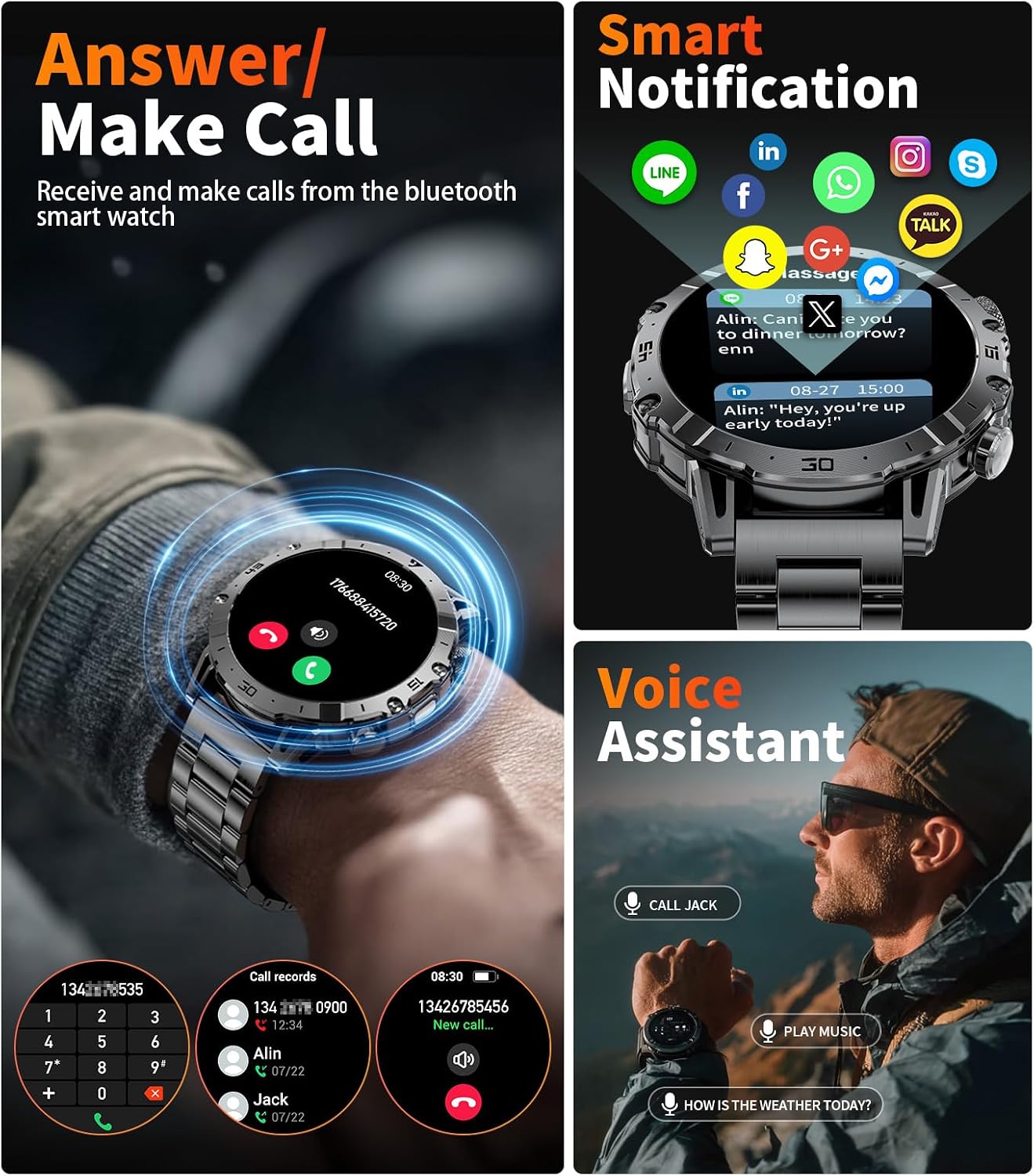 Detalle 2 de HIRREO EF18 Military Smart Watch for Men – 1.85" HD Display, 1000mAh Battery, LED Flashlight, 8+ Sport Modes, IP68