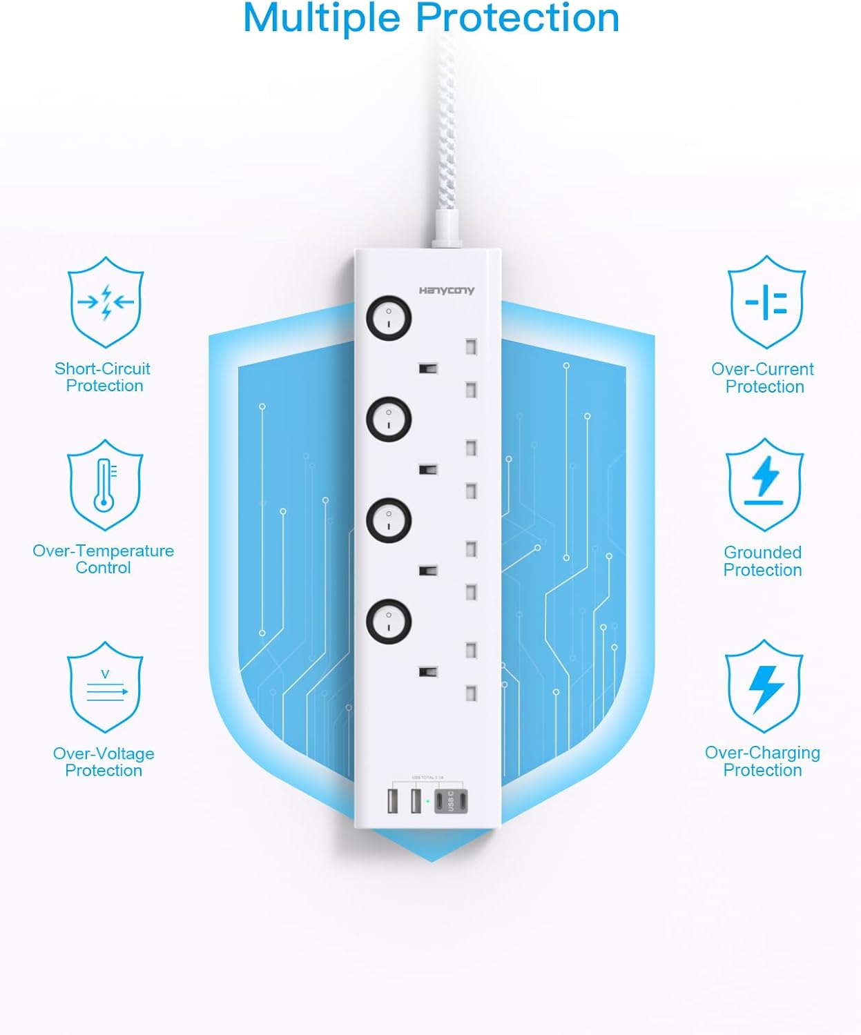 Thumbnail 4 de HANYCONY 4 Way Plug Extension Socket with 1.8m cable 🔌