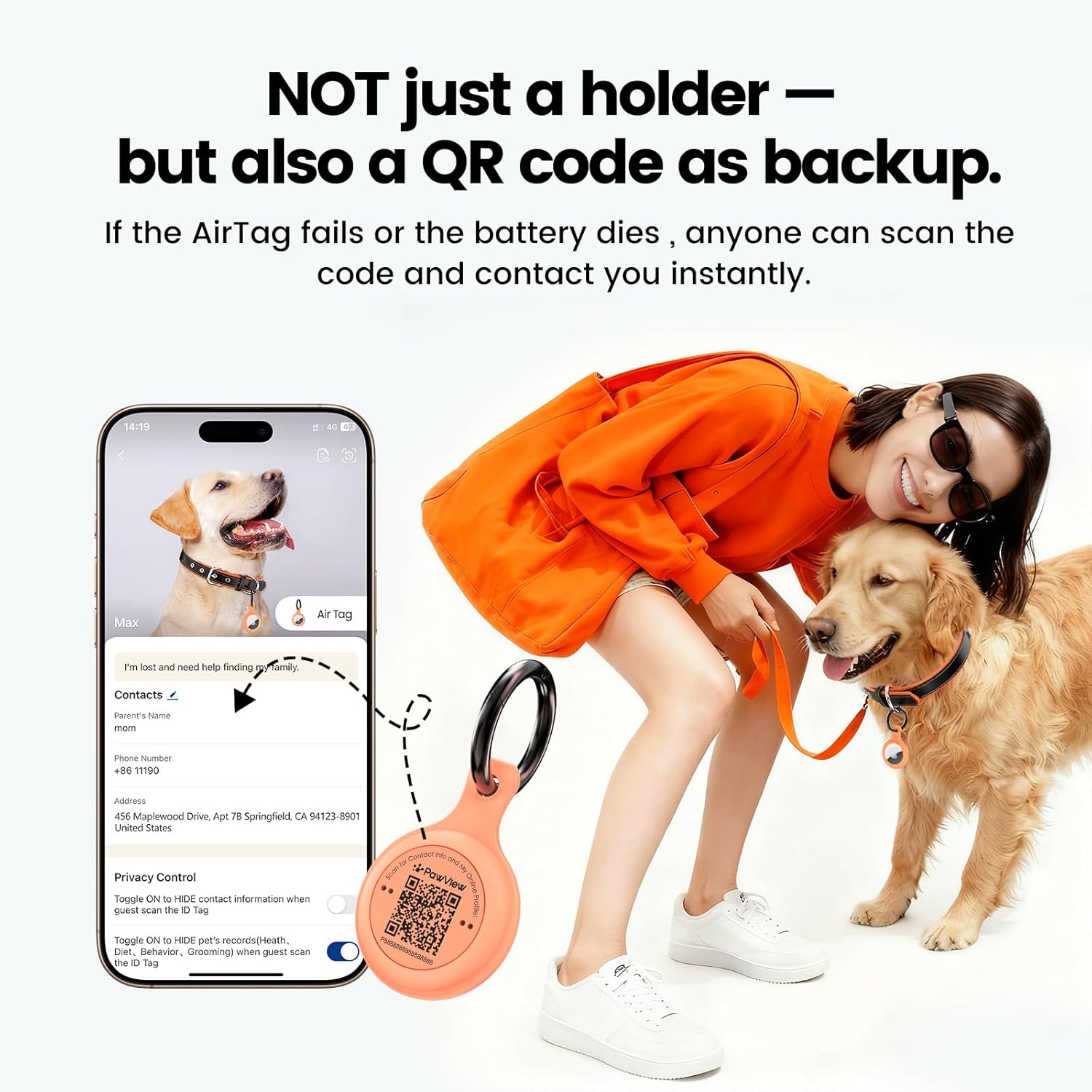 Thumbnail 5 de PawView leather dog collar with AirTag holder (QR code) – adjustable breathable PU lining in orange (medium)