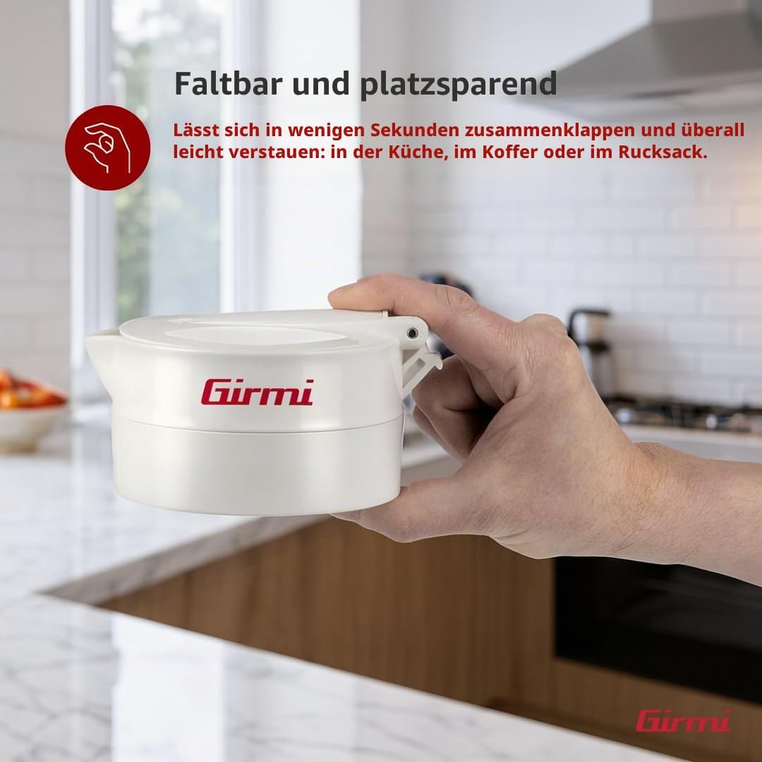 Detalle 2 de Girmi BL03 Zusammenklappbarer Reise-Wasserkocher – 0,6 L, 600 W, Silikon-Kanne, BPA-frei, abnehmbares Kabel, Weiß