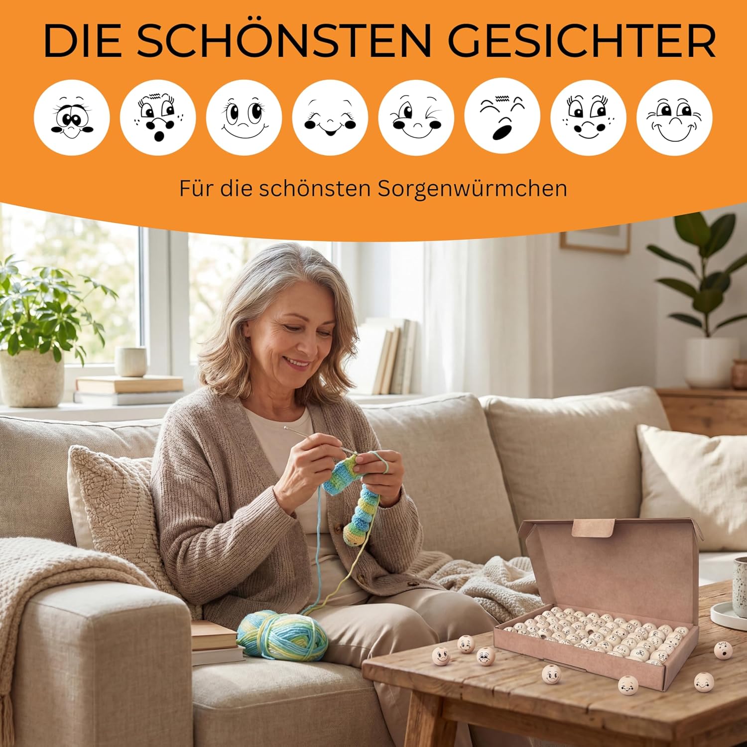 Thumbnail 1 de Ananda Goods 120 Holzperlen mit Gesicht – 20 mm Holzperlen mit 8 süßen Gesichtern