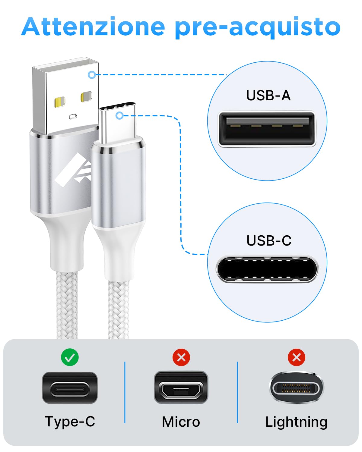 Thumbnail 5 de Aioneus Cavo USB Type-C da 1,8 m con ricarica rapida (3A) e dati fino a 480 Mbps