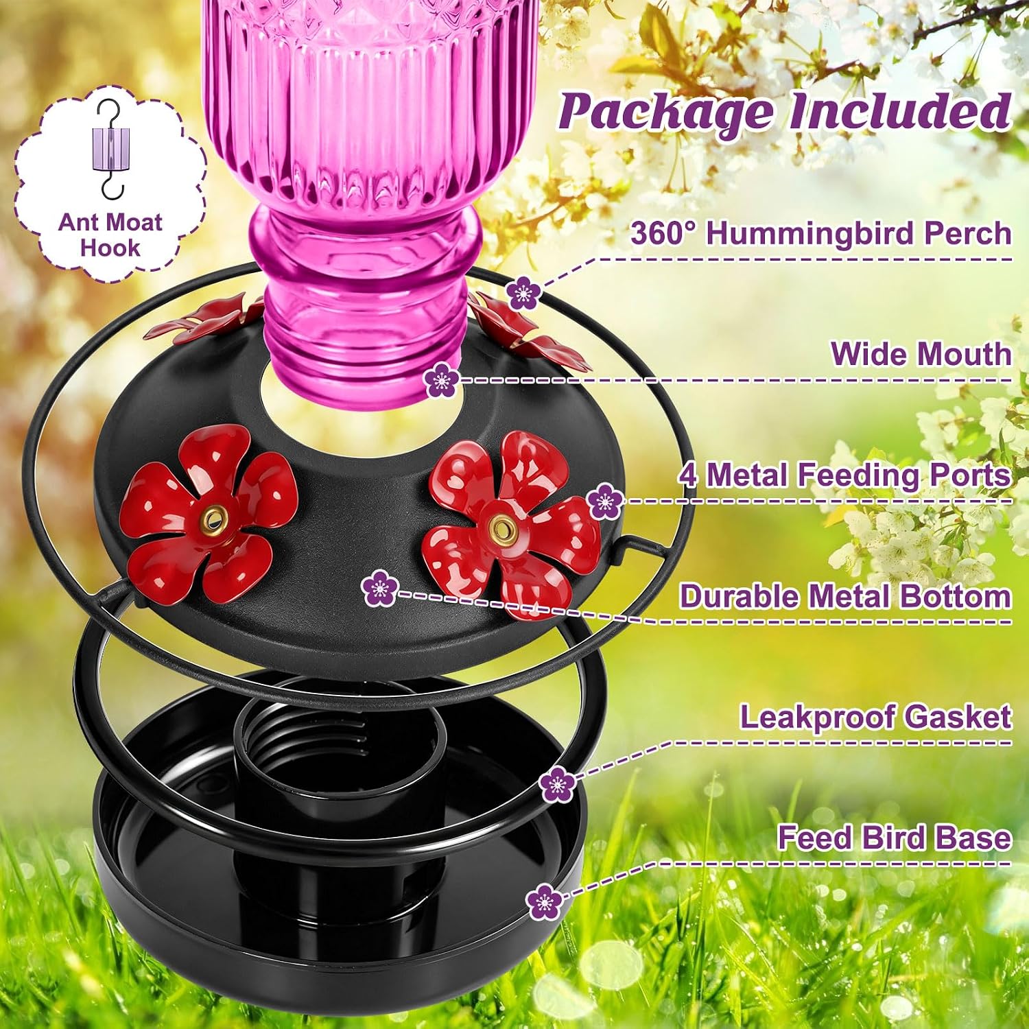 Detalle de FEED GARDEN Glass Hummingbird Feeder 16 oz