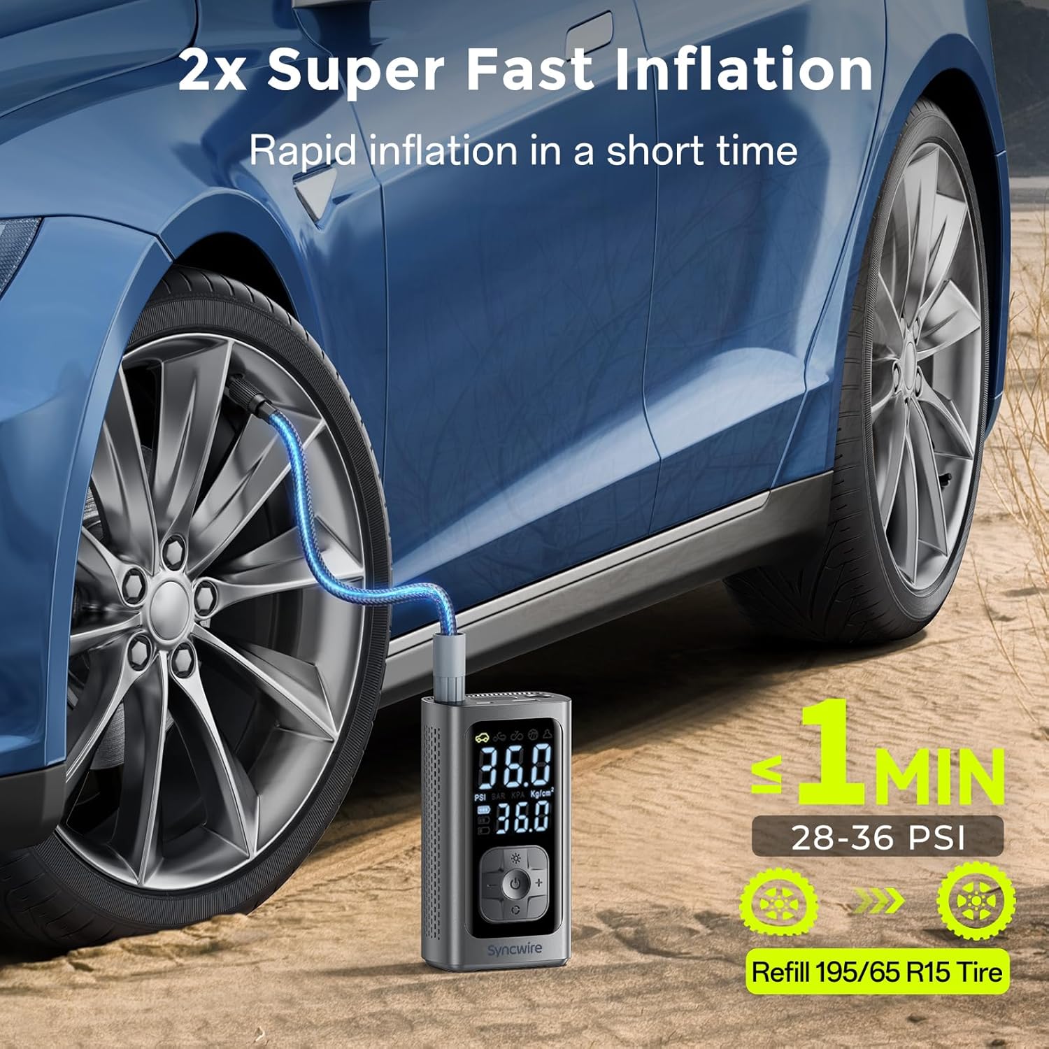 Detalle de Syncwire Tyre Inflator Portable Air Compressor – 150PSI, 2x Speed, Auto-Off