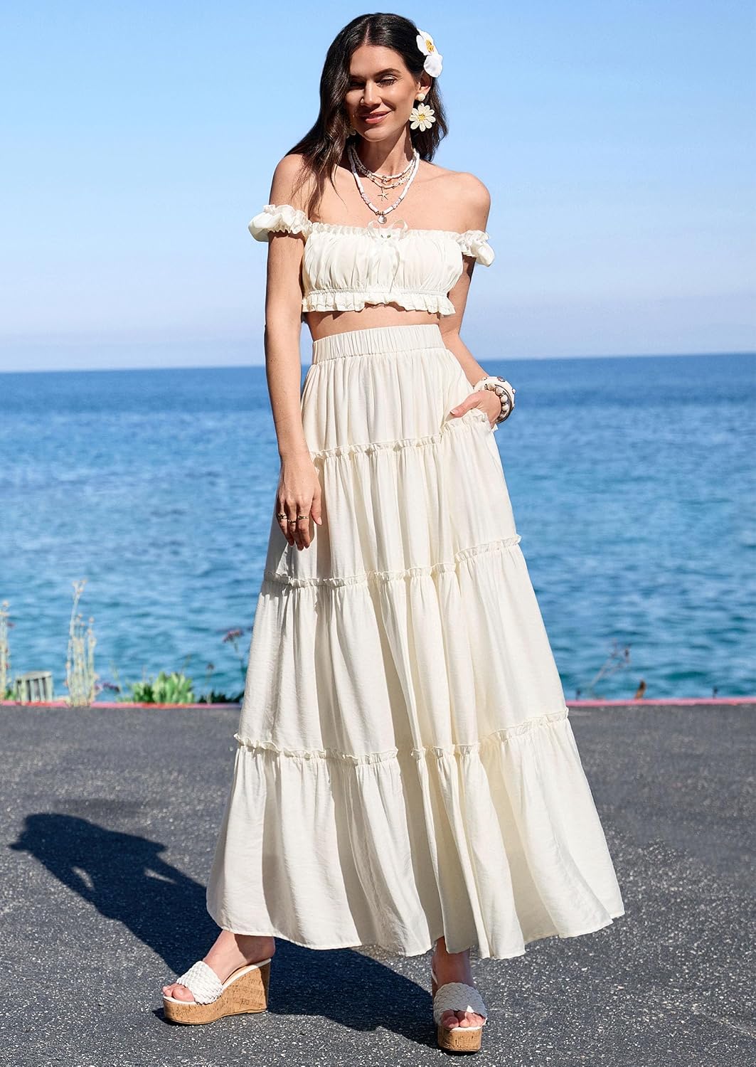Thumbnail 5 de PRETTYGARDEN Boho Tiered Maxi Skirt for Women with Elastic Waistband & Side Pockets