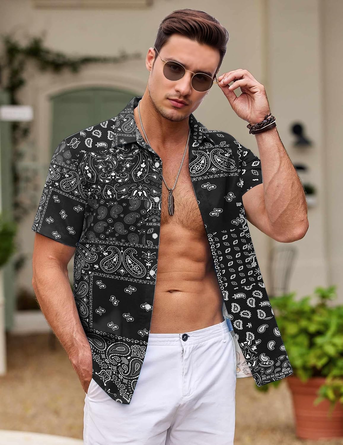 Detalle de Chemise hawaiienne homme Gavliuu à manches courtes imprimé tropical, tissu léger extensible