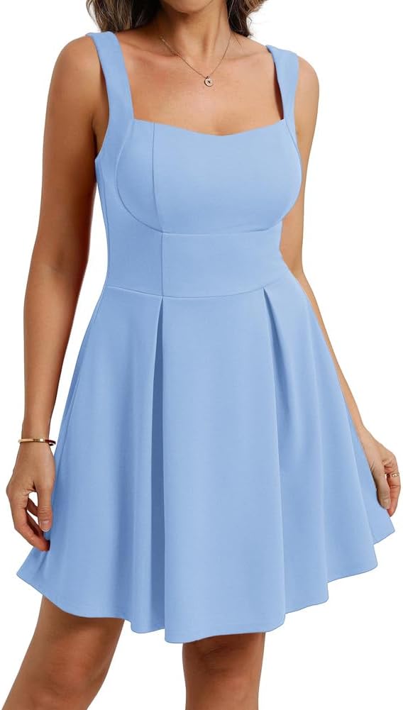 Detalle de Belle Poque Mini robe trapèze à col carré – Dos ouvert, poches et swing fluide