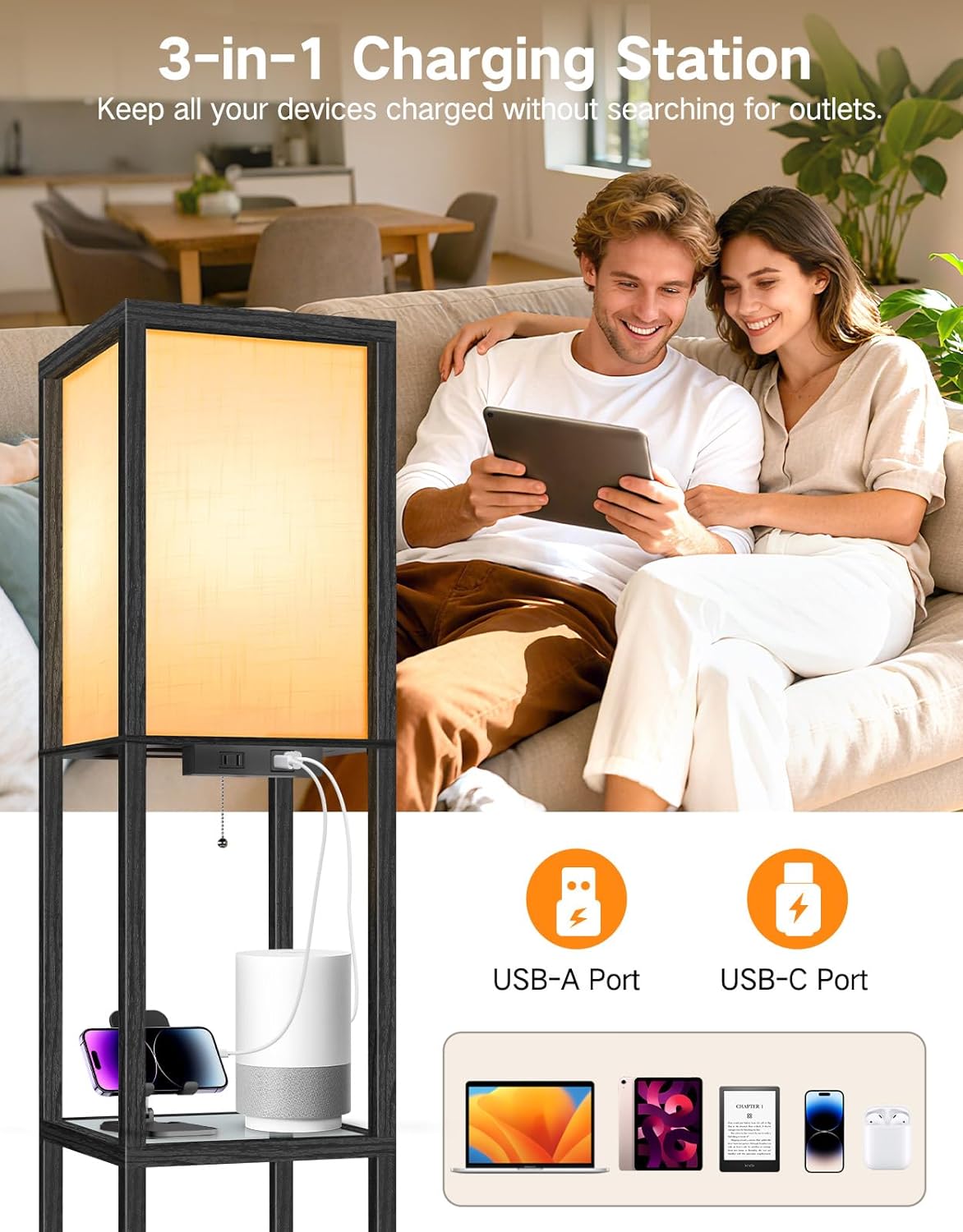 Thumbnail 1 de OUTON Stehlampe mit Glasablagen – LED-Stehleuchte mit USB-C & USB-A, Fernbedienung, 4 Farbtemperaturen