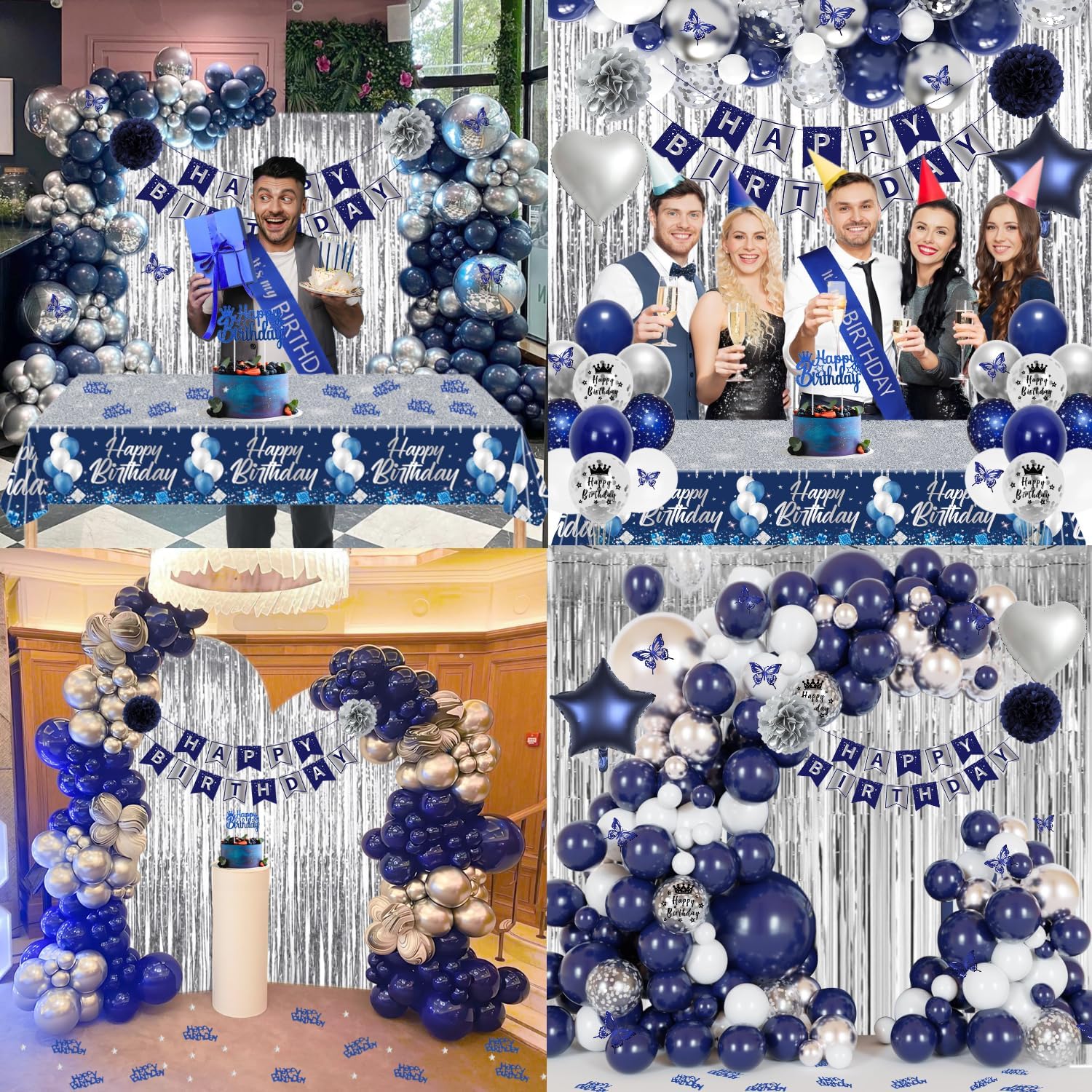 Detalle 2 de Geburtstagsdeko Blau Silber – Komplettset für Marine-Blau-Silbernen Geburtstag