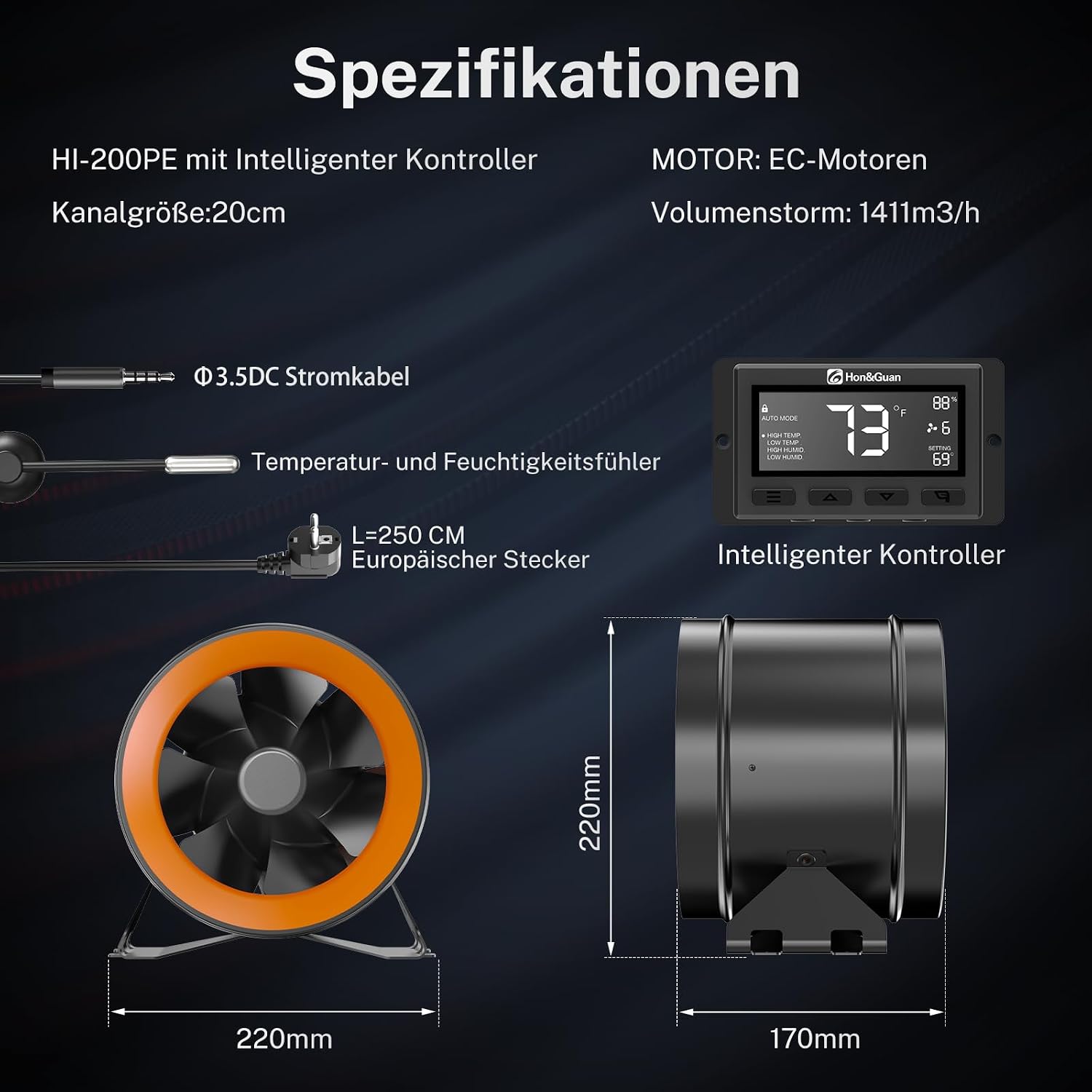 Detalle de Hon&Guan 200 mm EC Rohrventilator mit Temperatur- und Feuchtigkeitsregler – 1411 m³/h