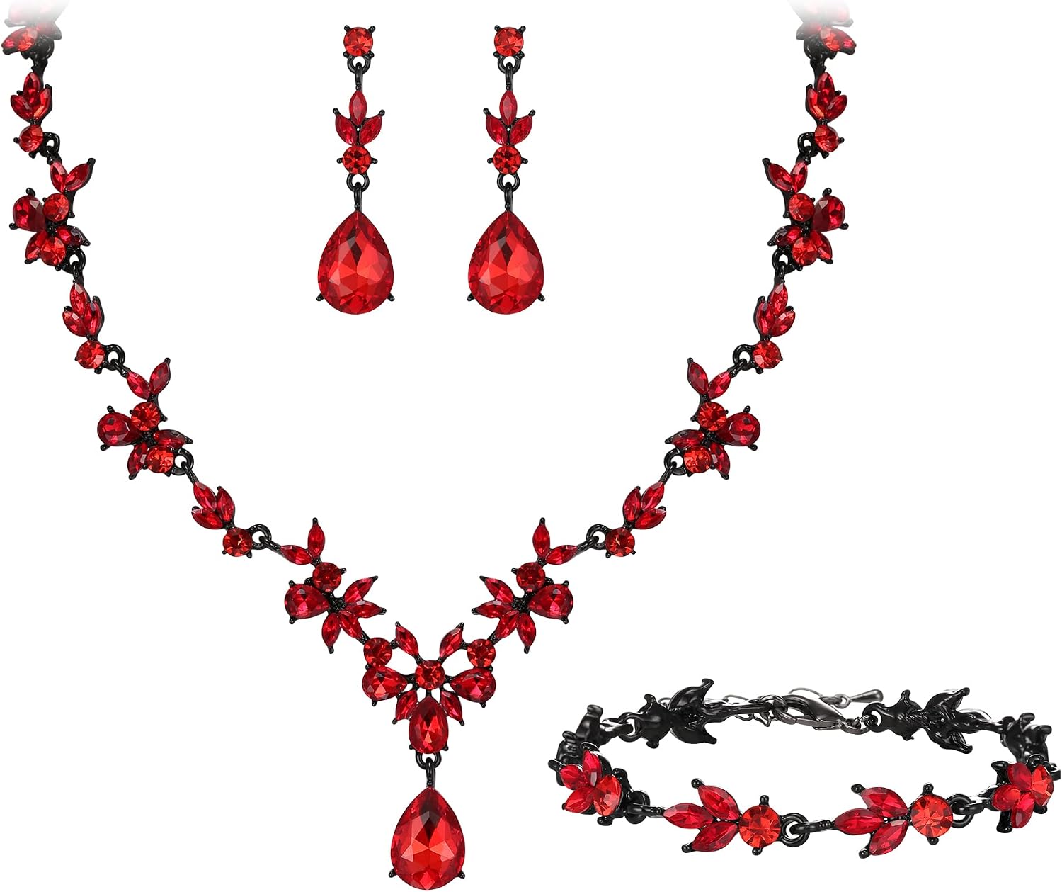 Detalle de Parure de bijoux de mariage Clearine : collier Y, bracelet tennis et boucles d’oreilles pendantes en cristal bleu