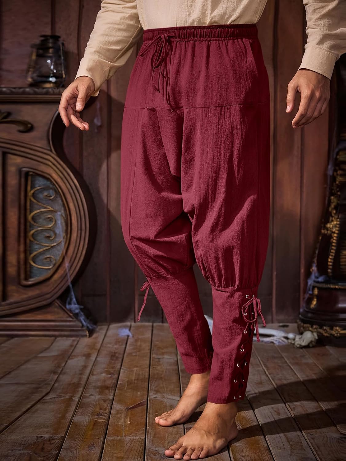 Detalle 2 de Runcati G6R963 Men’s Medieval Costume Pants, Cotton with Lace-Up Cuffs