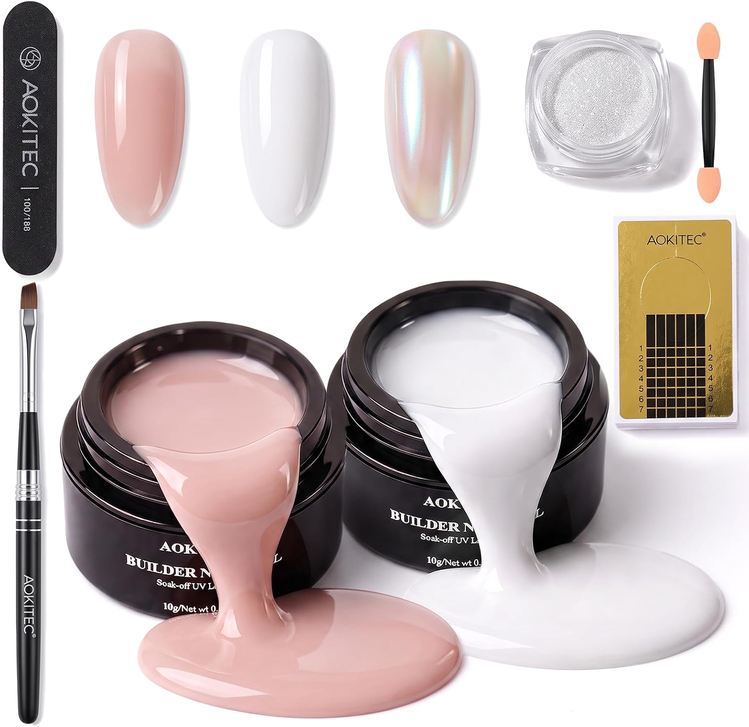 Detalle de Aokitec Nudes White Builder Gel Set met aurorapoeder en UV/LED-uitharding