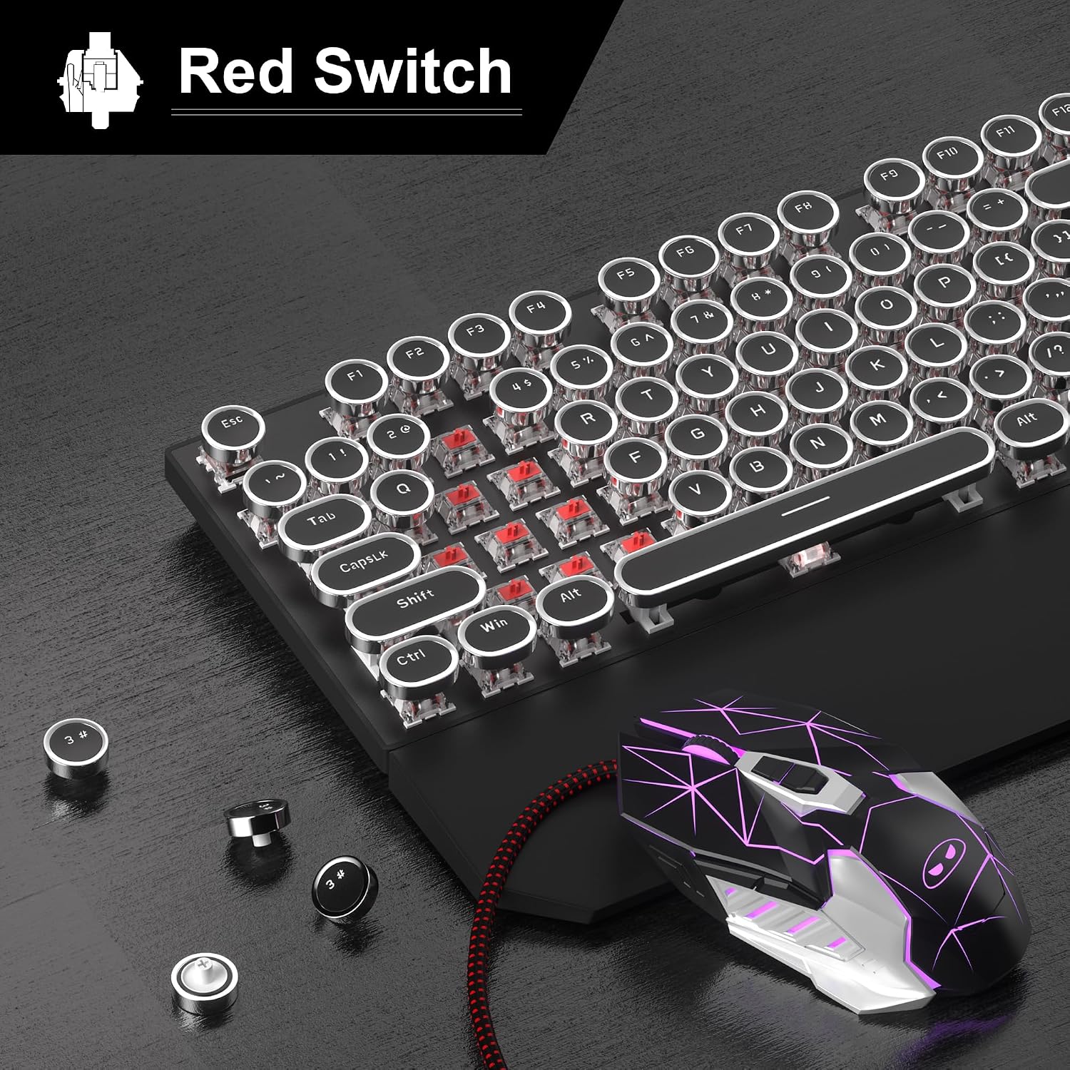 Detalle 2 de Camiysn Retro Typewriter Keyboard and Mouse Combo, 104 Keys, Linear Red Switches