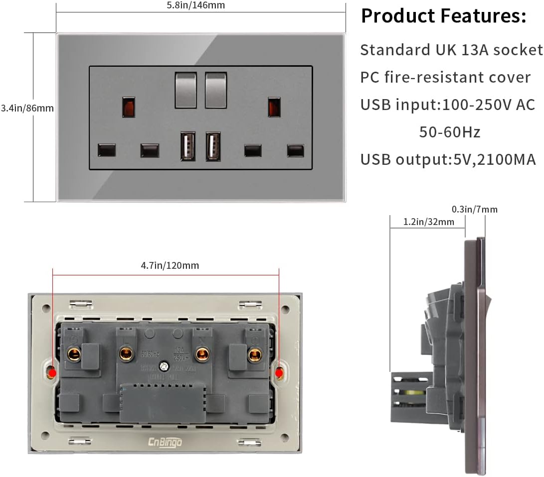 Thumbnail 2 de CNBINGO 13 Amp double socket with USB ports