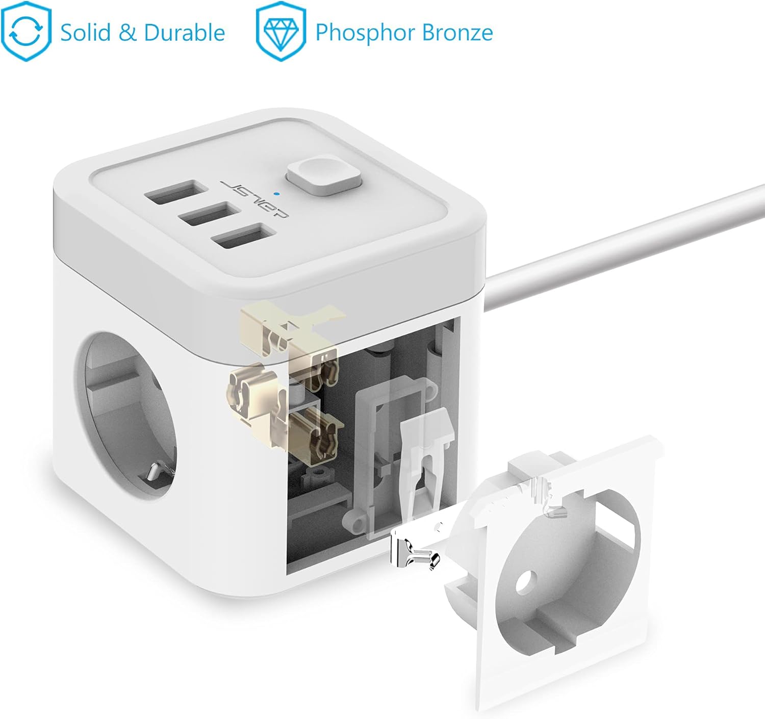 Thumbnail 5 de JSVER Multipresa Cubo USB 3 prese Schuko + 3 USB (3680 W, 16 A) con interruttore, cavo 1,5 m – compatta e sicura per casa, ufficio e viaggio