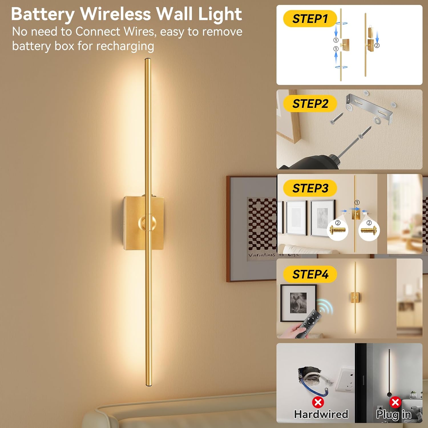 Detalle 2 de Ouyulong WS-04 Battery-Operated Wall Sconces, 31.6in Gold, Set of 2