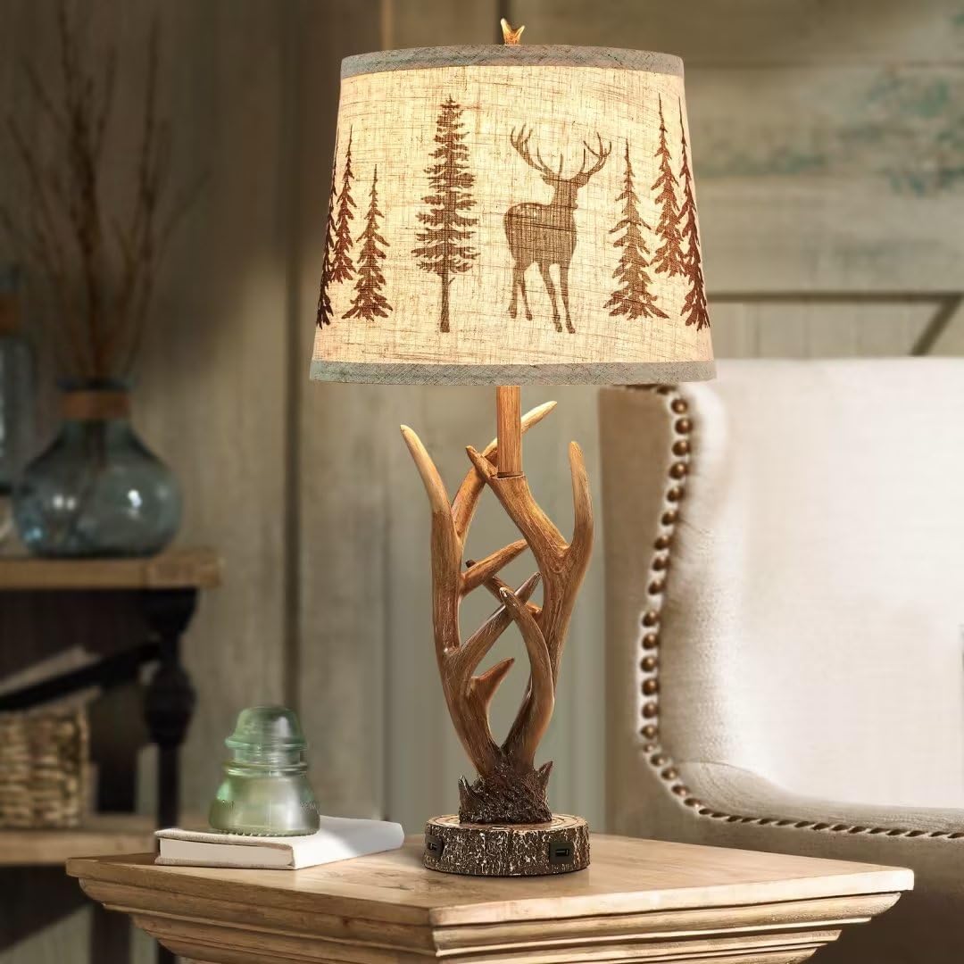 Detalle 2 de Dungoo DG-Deer3-GRY 26" Rustic Antler Table Lamp Set with Touch Dimming and USB