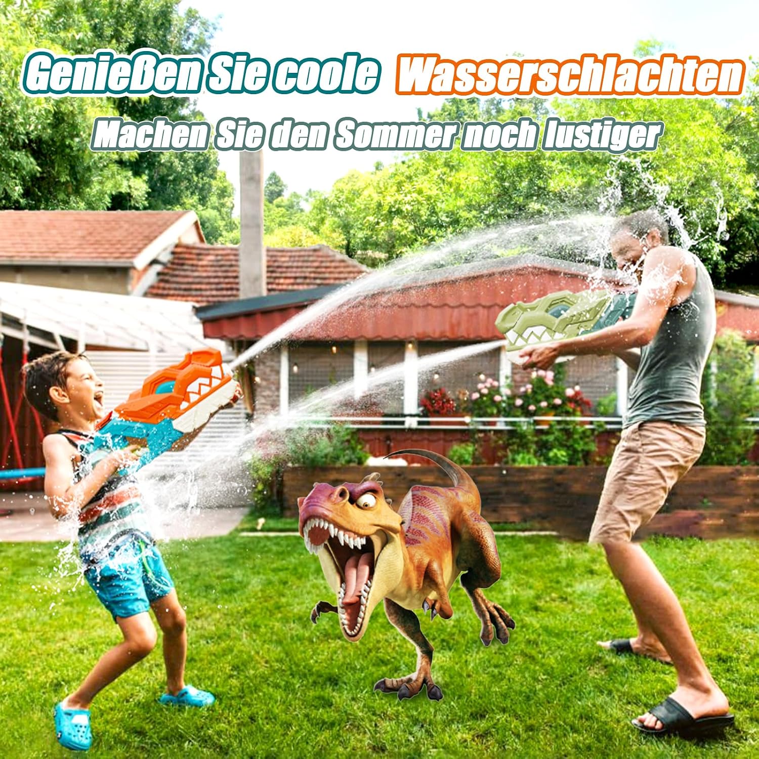 Detalle de Weirtoya 2er-Set Dino-Wasserpistolen (580 ml) – Dinosaurier Wasserspritzpistole für Kinder, 7–10 m