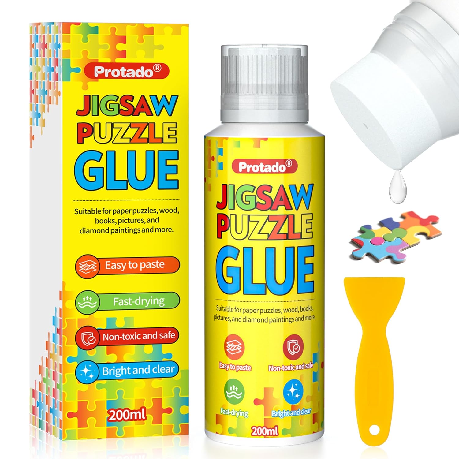 Protado Jigsaw Puzzle Glue (with sponge head & applicator) – Clear, non-toxic, quick-dry sealer for 1000/3000/5000-piece puzzles, 200ml